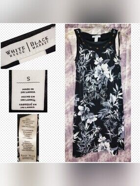 White House Black Market Blk/Wht/Gray Floral Print Knit Sheath Tank Dress Sz Sml